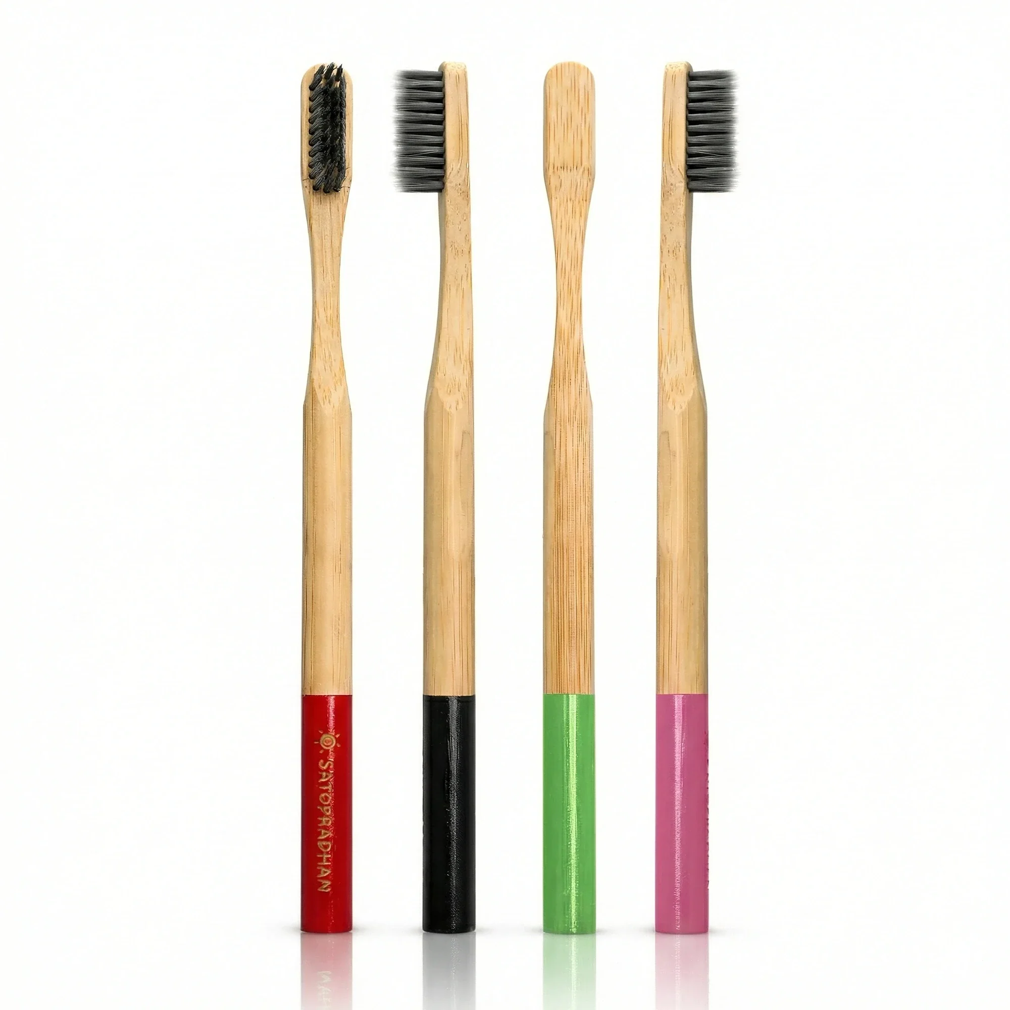 Set of 4 Bamboo Toothbrushes - Bamboo Handles & Gentle Dual Layer Bristles- Colored markings for easier identification