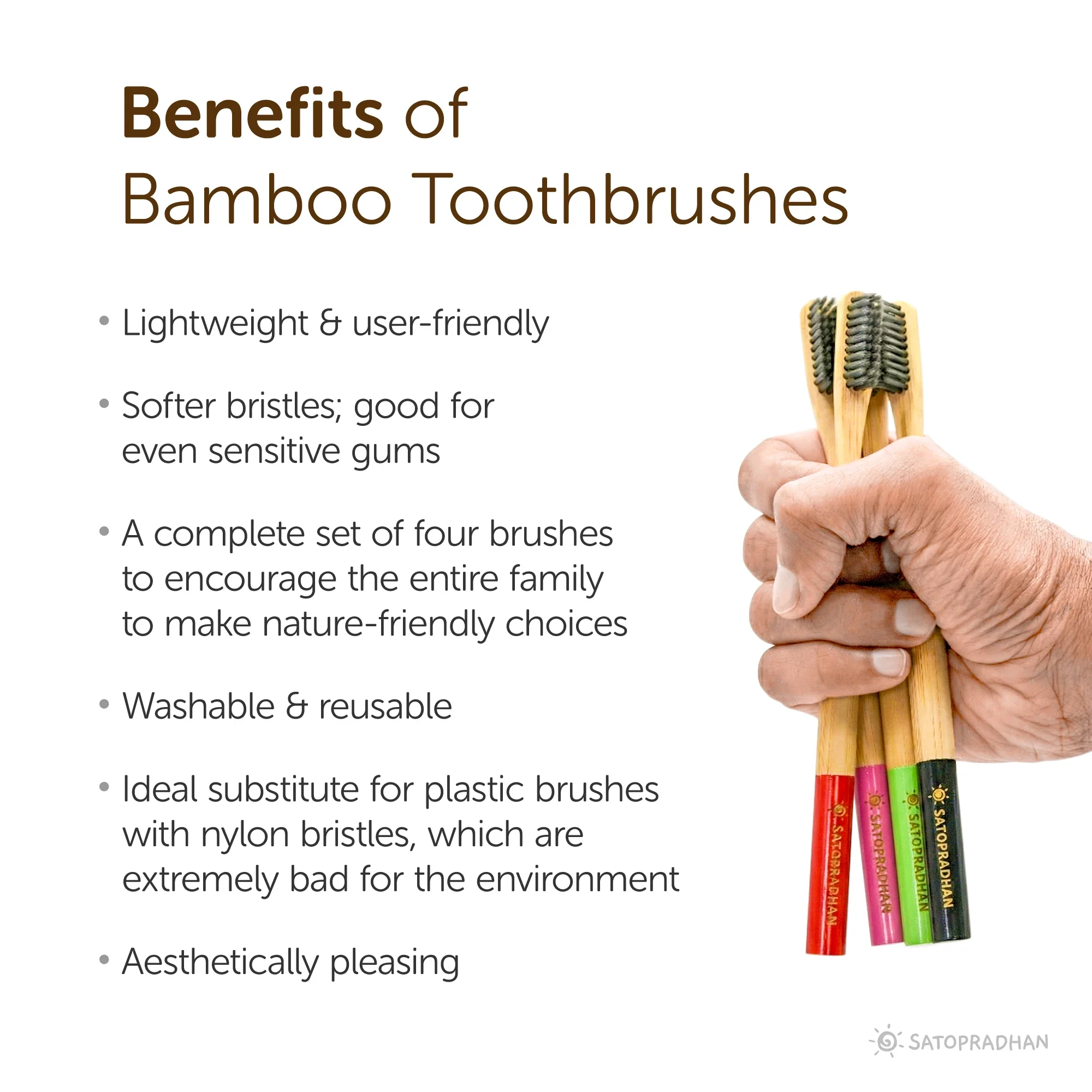 Set of 4 Bamboo Toothbrushes - Bamboo Handles & Gentle Dual Layer Bristles- Colored markings for easier identification - Image 2