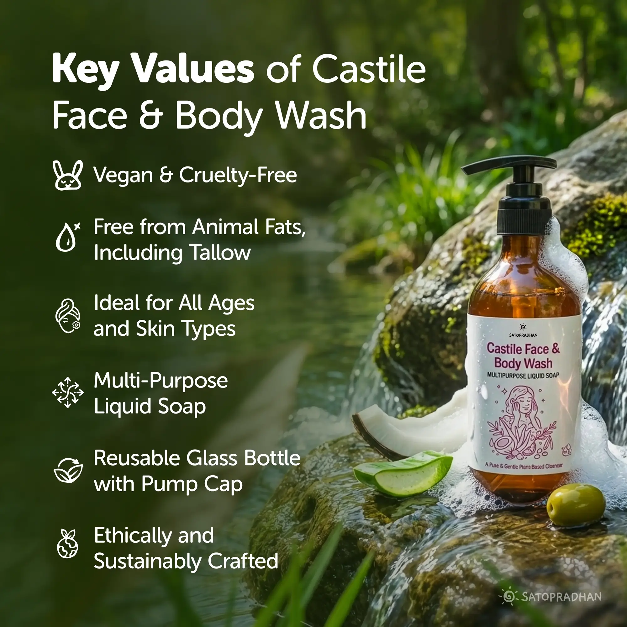 Castile Face & Body Wash – 200ml Glass Bottle / 900ml Refill in Upcycled Plastic Bottle – Natural Liquid Soap – Gentle Multi-Purpose Cleanser for Sensitive, Dry & Acne-Prone Skin - Image 3
