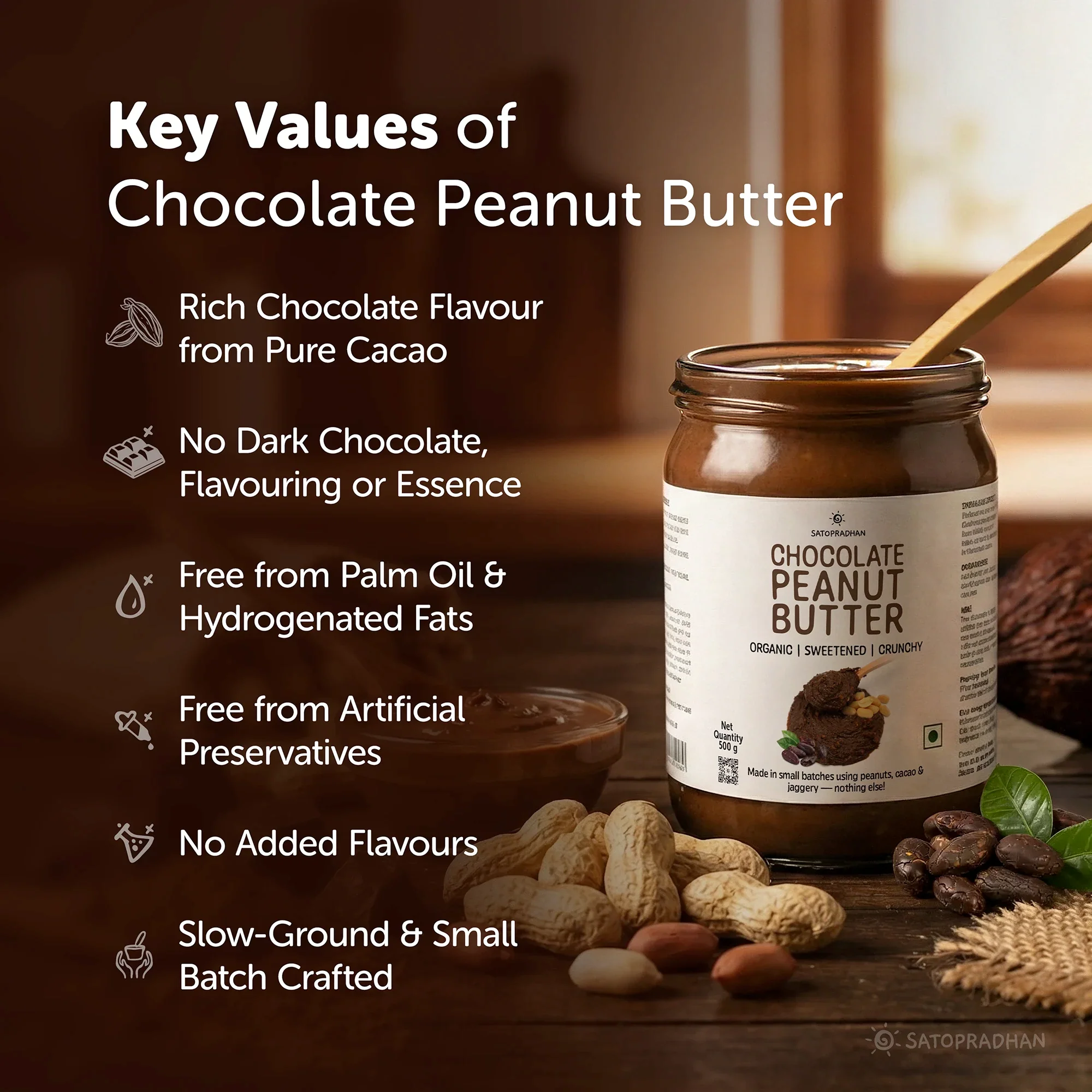 Dark Chocolate Peanut Butter Crunchy 500g - Satopradhan Vegan, Pure & Organic Nut Butter - Image 3