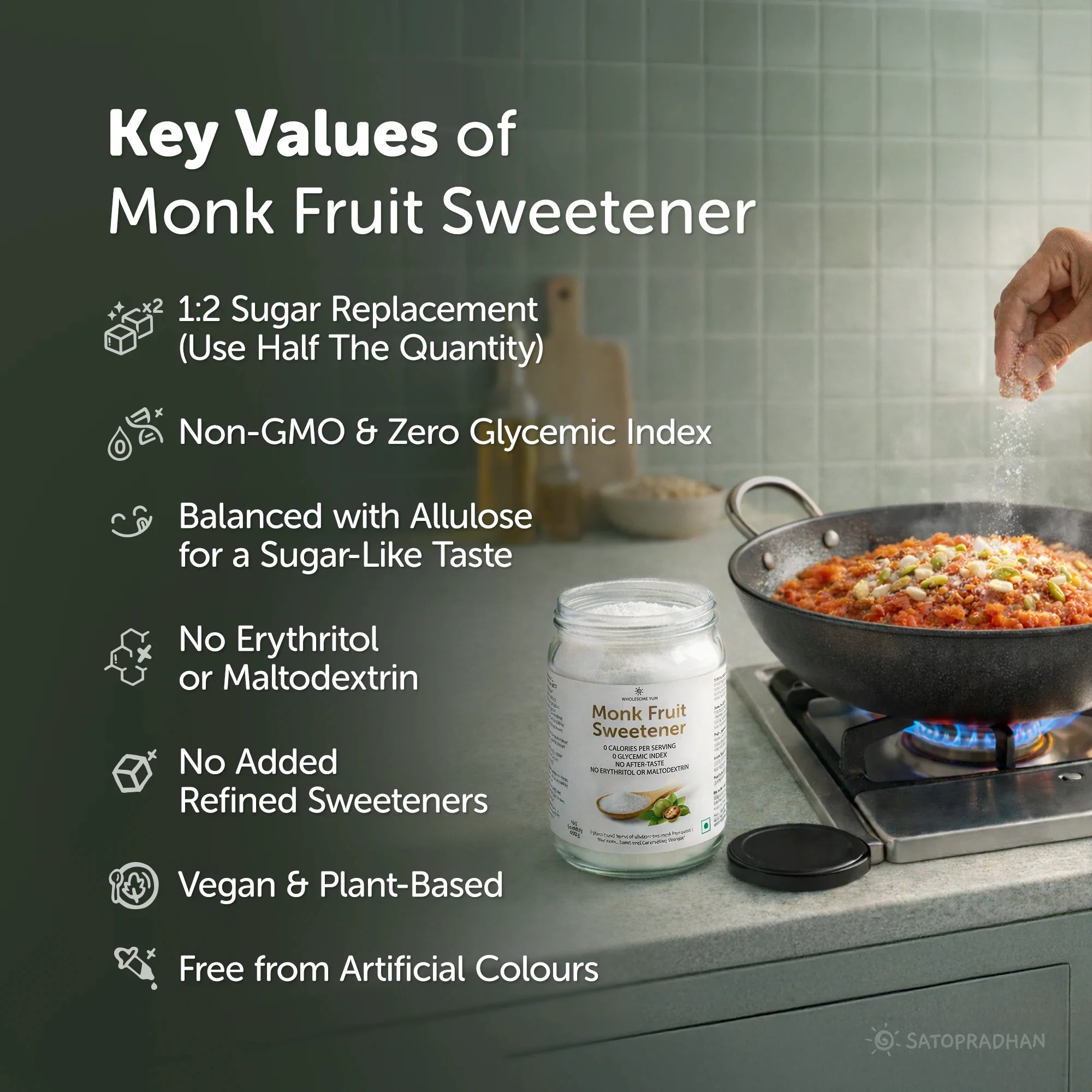 Monk Fruit Sweetener Powder with Allulose 450g - Plant-Based Sugar Substitute - Keto & Diabetic-Friendly - 1:2 Sugar Replacer - Image 3