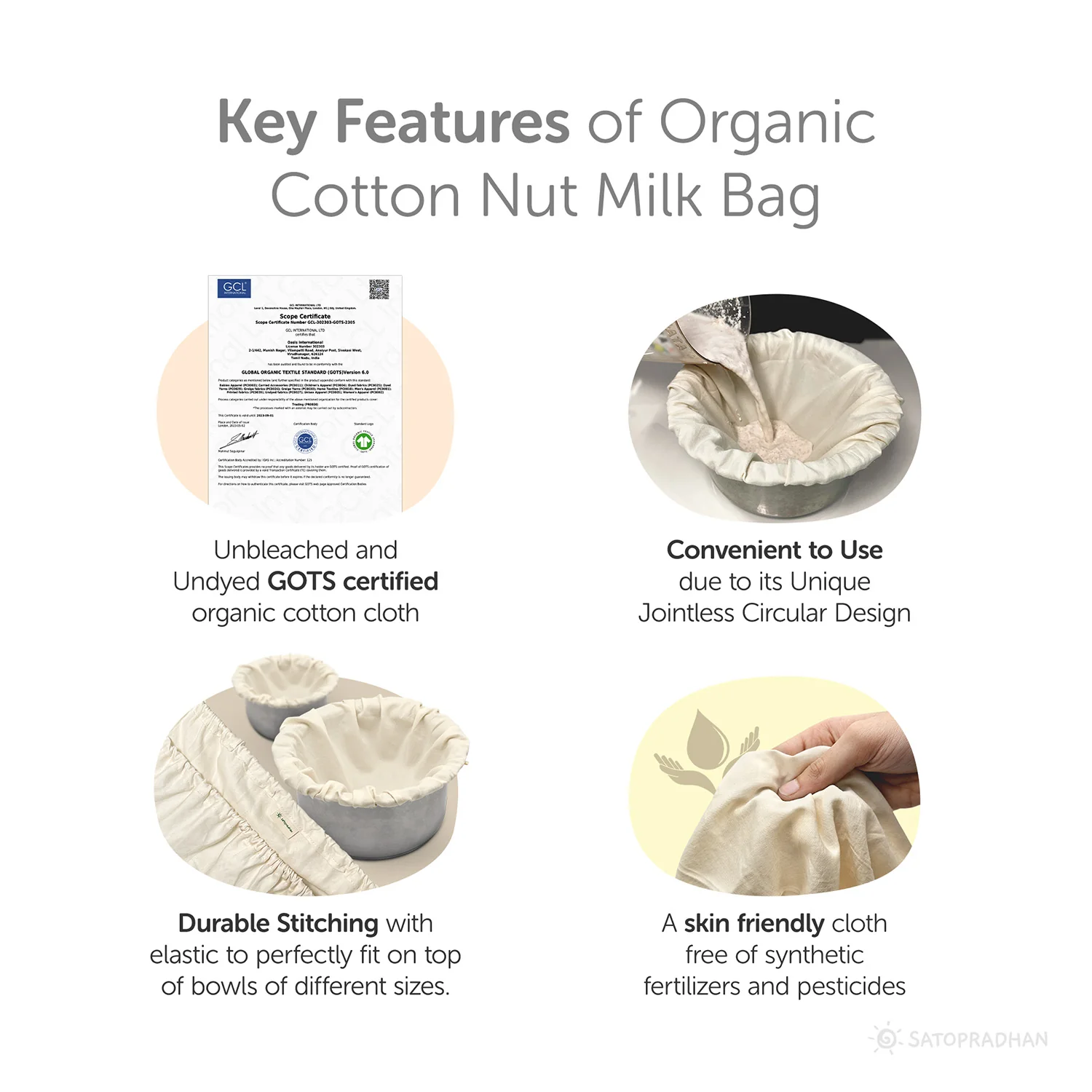 Organic Cotton Cloth Nut Milk Bag - Reusable Cloth Liquid Strainer - Reusable Mesh for Making Milk & Juicing - Perfect Alternative to Cheesecloth for Kitchen | Unbleached, Undyed & GOTS Certified - Image 3