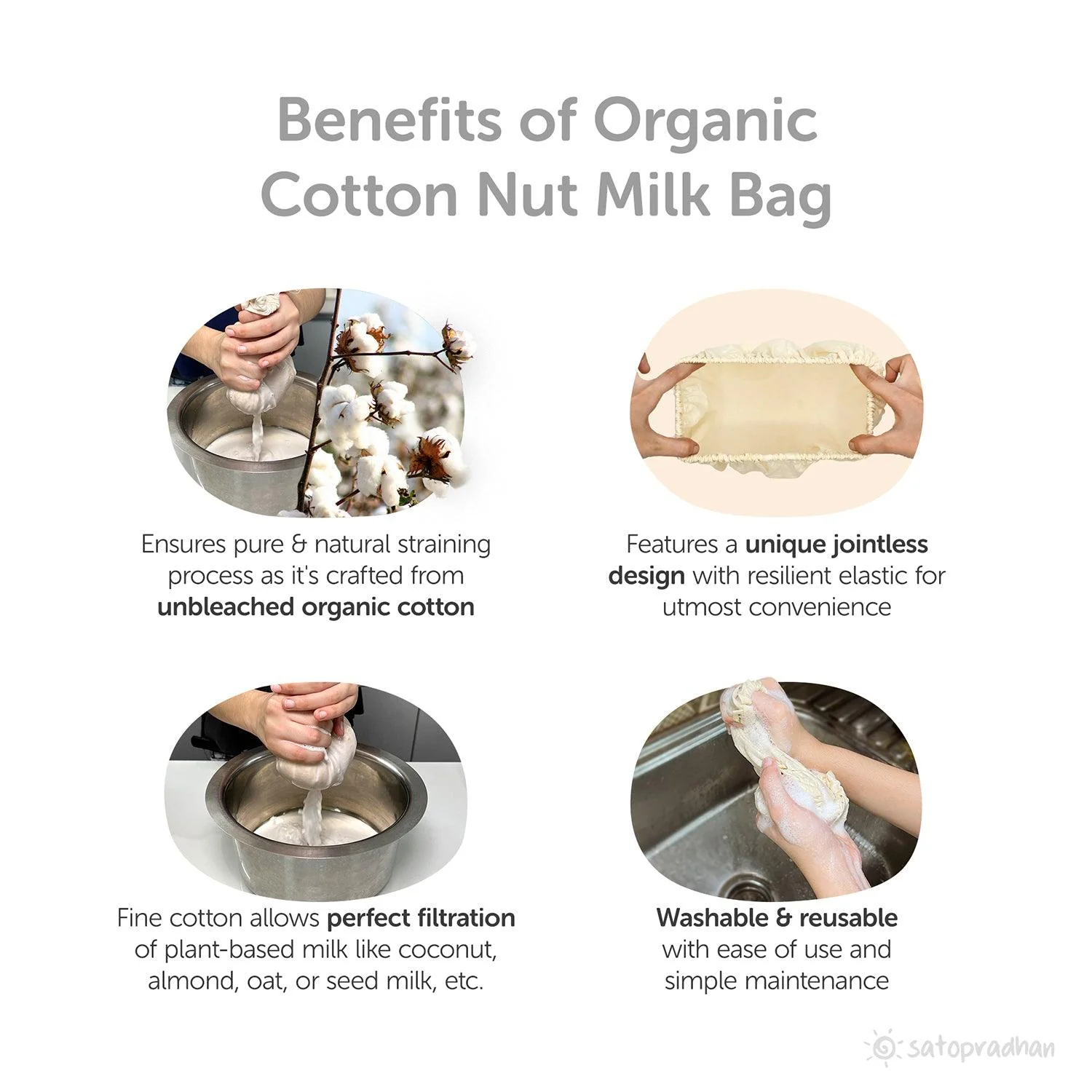 Organic Cotton Cloth Nut Milk Bag - Reusable Cloth Liquid Strainer - Reusable Mesh for Making Milk & Juicing - Perfect Alternative to Cheesecloth for Kitchen | Unbleached, Undyed & GOTS Certified - Image 4