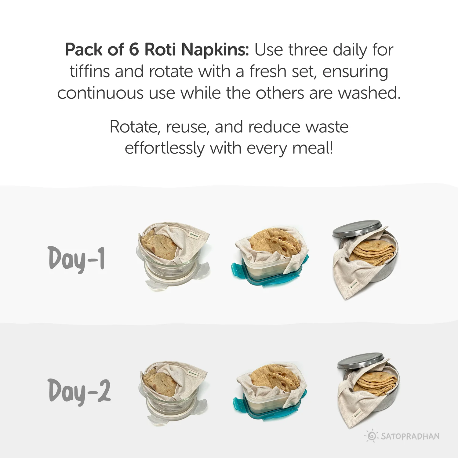 Chapati/Roti Wrap Cloth - Set of 6 Organic Cotton Roti Cover Rumals for Tiffin 12.5”x13” - Reusable Food Wrap - GOTS Certified Organic Cotton - Chapati Wrapping Cloth - Chapati Warmer Cloth - Cloth for Keeping Rotis - Image 5