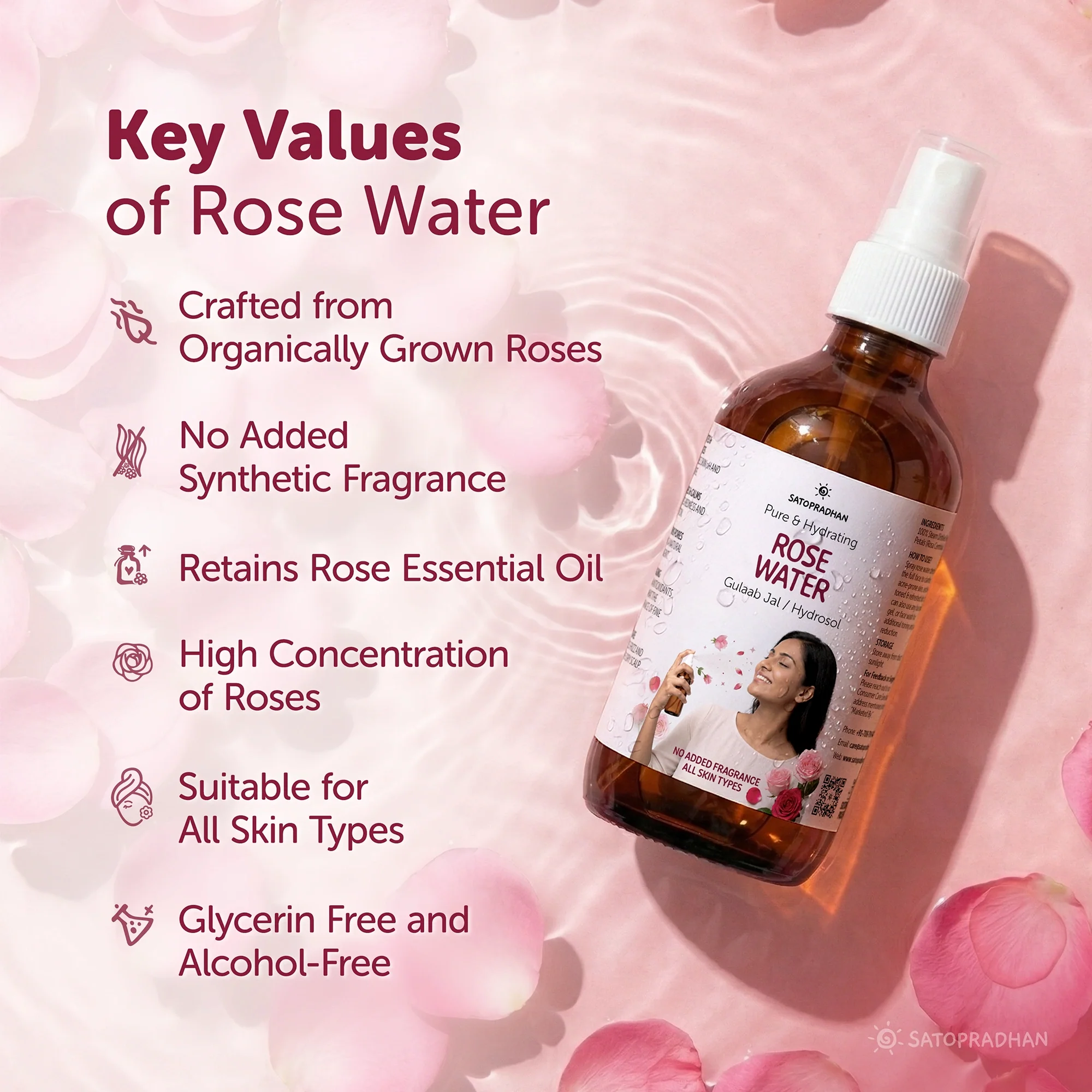 Pure Rose Water (Hydrosol) 200ml - Organic Rose Floral Water for Pore Reduction, Toning & Hydration - Facial Tonic Mist - Steam Distilled Rose Water Spray - Image 3